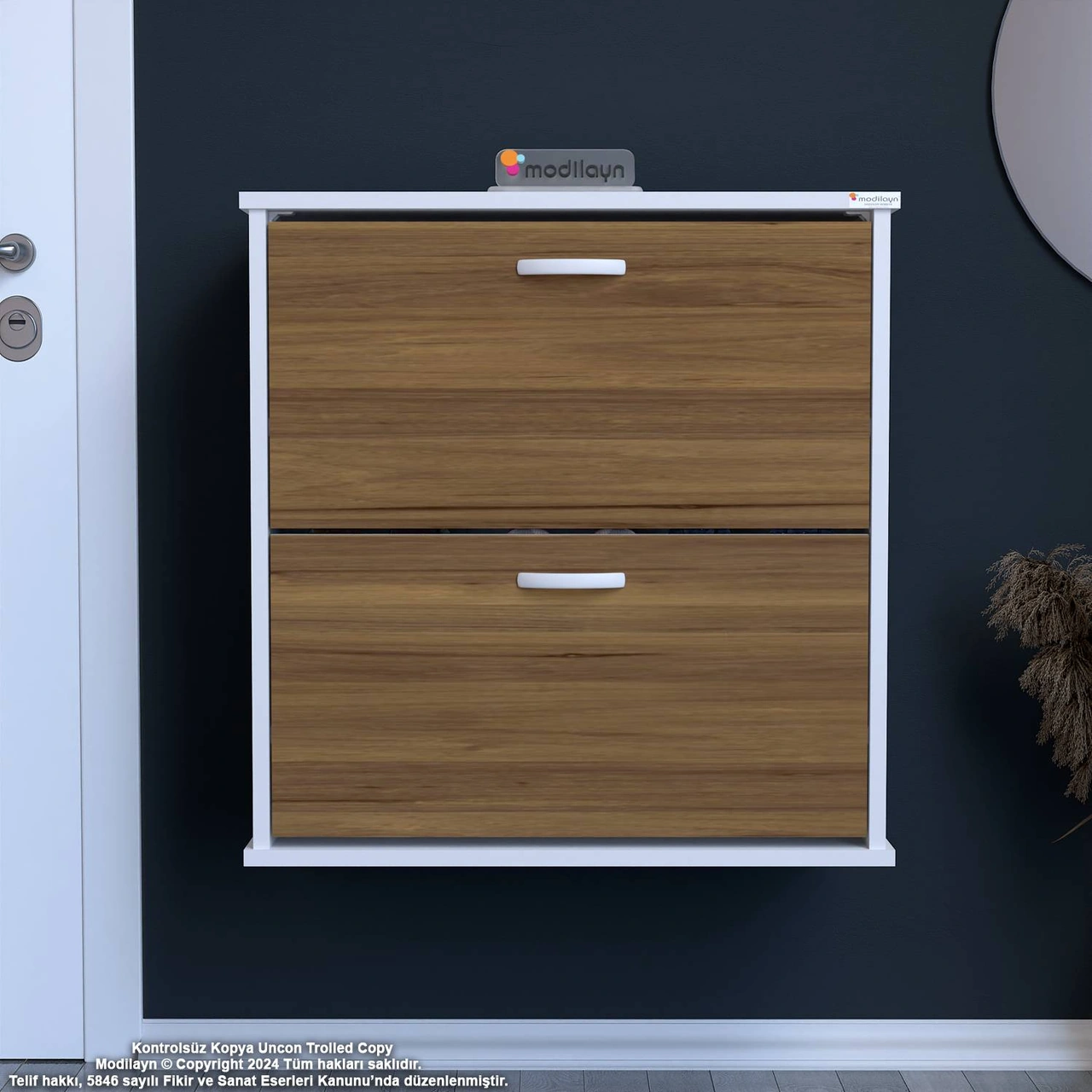 Asaf Ceviz Renk 72 Cm Asma Ayakkabılık Antre 2 Düşer Kapak 4 Göz Raf Ayakkabılık 72x74x25,5 Cm Ceviz