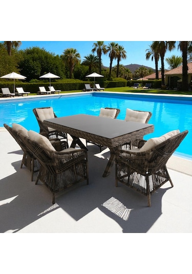 Bossa Rattan Bahçe Masa Takımı 100x200 6 Kişilik Bahçe Mobilyası Gri