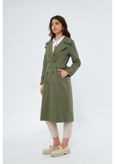 %100 Pamuk Ekstra Uzun 120cm Kruvaze Kadın Trençkot 1121 Haki