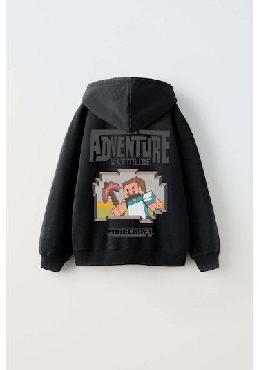 Erkek Çocuk Mınecraft Modelli Kol Manşetli Pamuk Kapşonlu Sweat Siyah