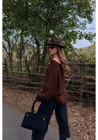 Kahverengi Kayık Yaka Kazak - 4338 Kahverengi