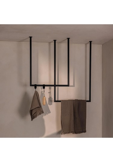 Tensy Metal İkili Set Tavan Askılı Banyo Havlu Ve Bornoz Askılığı Siyah