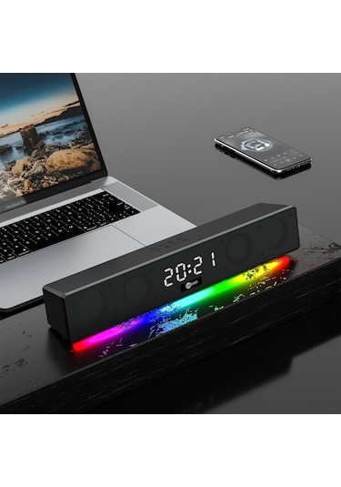 Lecoo DS103 Kablosuz Bluetooth 10W RGB Saat/Alarm Stereo Soundbar Hoparlör Siyah