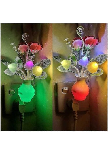 Opulentliving 2'li Tak-çalıştır Led Gece Lambası, Otomatik Alacakaranlık Çok Renkli Çiçek Mantar Çok Renkli
