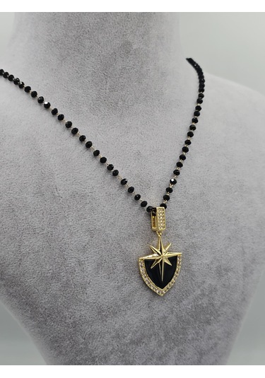 Siyah Taşlı Dorika Boncuklu Çelik Kalkan Kolye Siyah