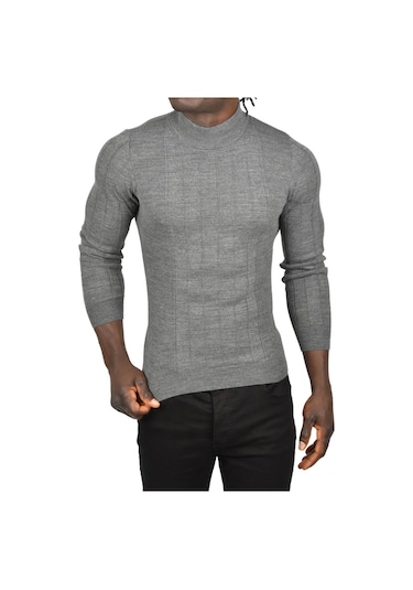 Deepsea Erkek Antrasit Yarım Balıkçı Yaka Çizgili Tüylenmeyen Slim Fit Triko Kazak 2505491 Antrasit