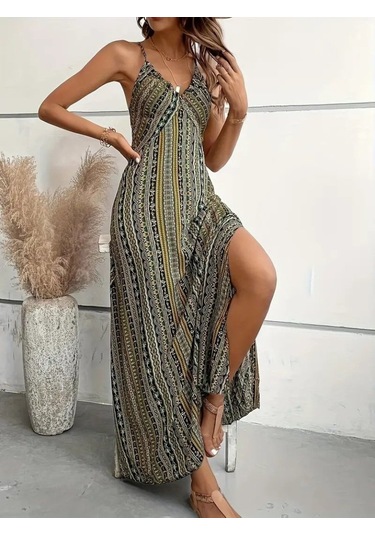 Kadın Ip Askılı Sırttan Çapraz Detaylı Yırtmaçlı Desenli Süprem Elbise Yeşil