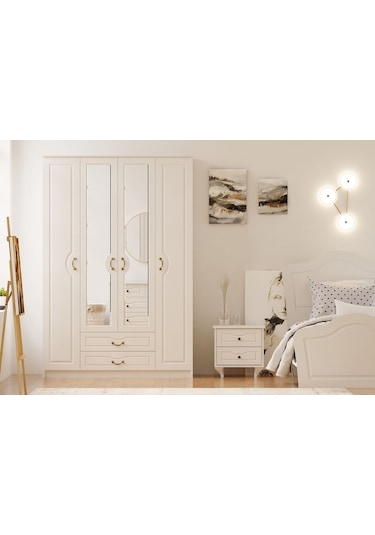 Rabi Mobilya Yağmur Country 4 Kapaklı 2 Çekmeceli Mega Gardırop