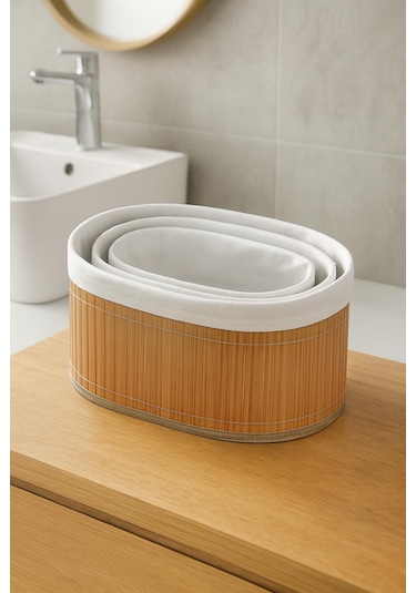 3 Lü Bambu Sepet Seti - Doğal Katlanabilir,dekoratif Organizer - Banyo Ve Ev Düzeni Bambu