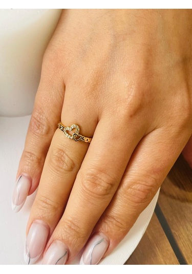 Zirkon Taşlı Kalp Detay Çelik Yüzük Altın