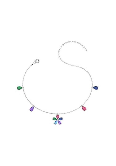 İndigo Takı Renkli Taş Çiçek Beyaz Gümüş Halhal Çok Renkli