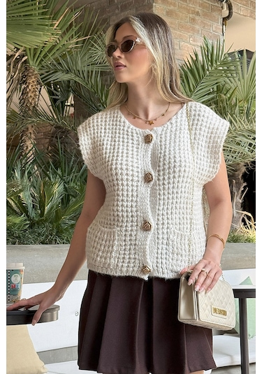 Lela Premium Oversize Fit Bisiklet Yaka Düğmeli Örgü Bayan Yelek 680Yl1416 Taş