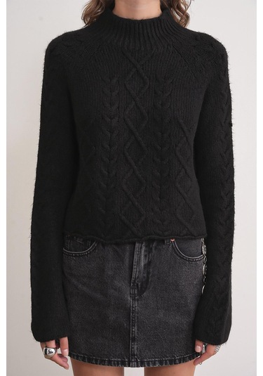 6855 Kadın Dik Yaka Saç Örgülü Triko Kazak Siyah Siyah