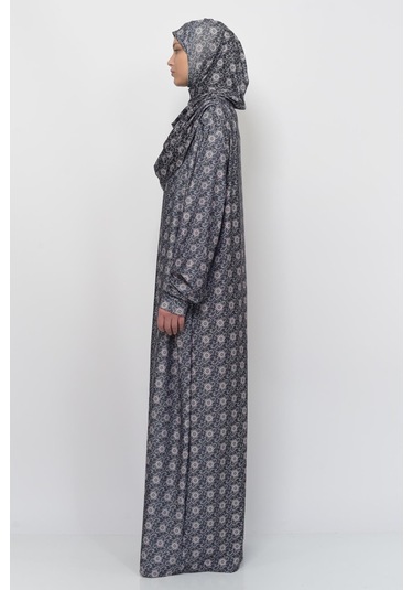 Pratik Tek Parça Güneş Desenli Kollu Tak Çıkar Başörtülü Likralı Tesettür Namaz Elbisesi 990-0302 Siyah