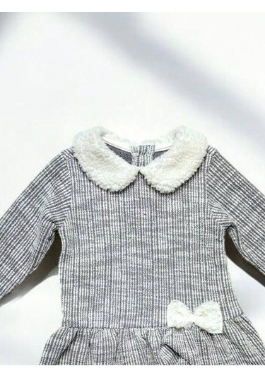 Çikoby Kız Bebek Peluş Detaylı Desenli Elbise-14889 Gri