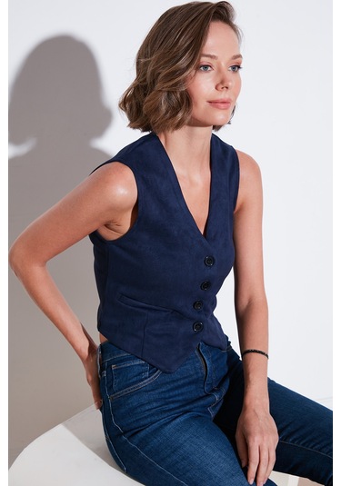 Lela Fitted Scuba Süet V Yaka Düğmeli Bayan Yelek 5865576 Lacivert
