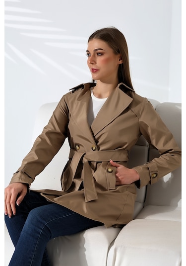 Kadın Degaje Kuşaklı Yarım Boy Astarlı Uzun Kollu Döğmeli Trençkot Vizon Vizon