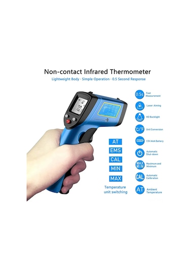 Vkemall Endüstriyel Enfrared Sıcaklık Ölçer -50 C/+400 C - Dijital Lcd Ekranlı, Aaa Pil İçeren El Tipi Termometre