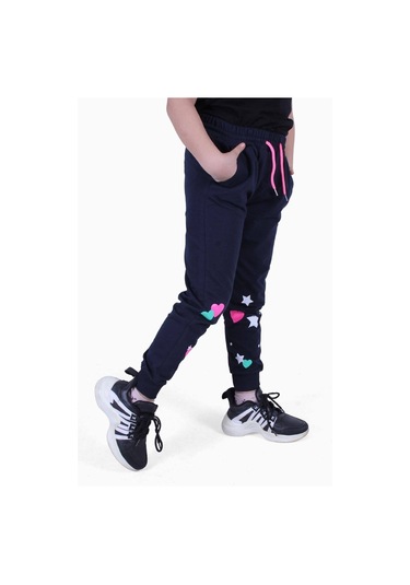 Fyk Kids Baskılı, Kalp Desen Detaylı Kız Çocuk Eşofman Altı Lacivert