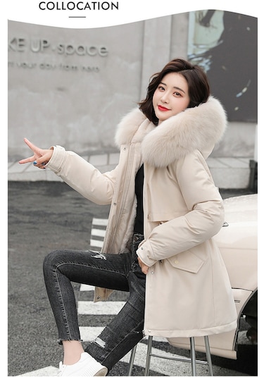 Snapbuy Kalın, Yumuşak Dolgulu, Midi Boy, Kapüşonlu, Kürk Detaylı Kadın Mont Krem