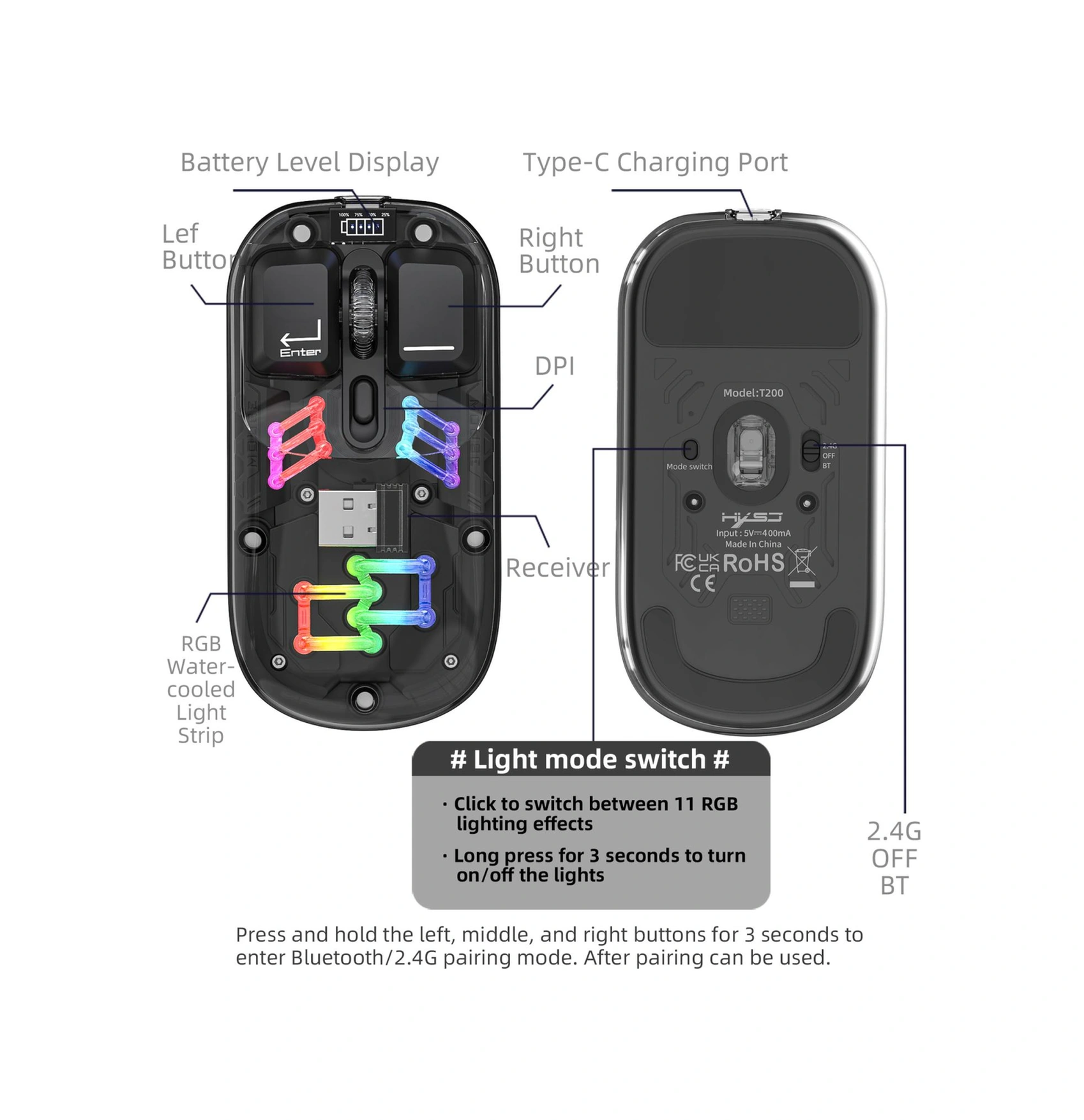 Sones Hxsj T200 Çift Modlu 2.4g Bt5.0 Şeffaf Rgb Kablosuz Fare Diğer