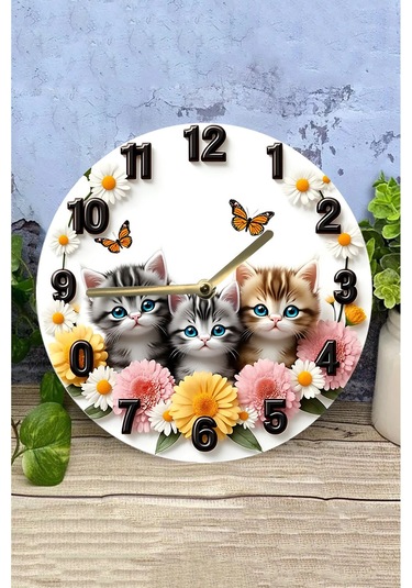 Sevimli Kedili Mdf Duvar Saati 3d Görünümlü, 2d Hd Baskı, 33 Cm 3d Görünümlü Sdw231 Renkli