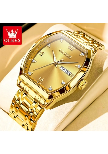 Olevs Top Marka Erkek Kuvars Saat Lüks Elmas Şık Paslanmaz Çelik Tonneau Kadran Su Geçirmez Işıldayan Erkek Kol Saati Altın