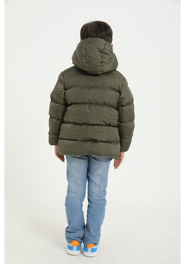 Erkek Çocuk Haki İçi Polarlı Kapüşonlu Su Geçirmez Rüzgara Dayanıklı Cepli Şişme Kışlık Mont Haki