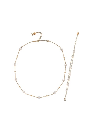 Kadın Dorika Toplu Doğal İnci Kolye Bileklik İkili Set 45 Cm / Sarı Gümüş