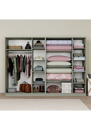 Lucas 6 Kapaklı,15 Raf Bölmeli Yüklük & Askılıklı Geniş Elbise Dolabı-gardırop Kül Yeşil Yeşil