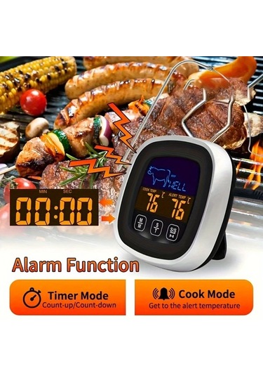 Honeybeeshop Siyah 1 Adet Cift Ekranli Dijital Et Termometresi Buyuk Dokunmatik Ekran Paslanmaz Celik Prob Bbq Pisirme Firinlama Icin Ideal