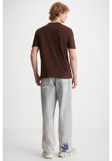 Mıchel Erkek Slim Fit Dar Kesim %100 Organik Pamuklu Yana Kayan Dikişli Basic Örme Acı Kahve T-shir