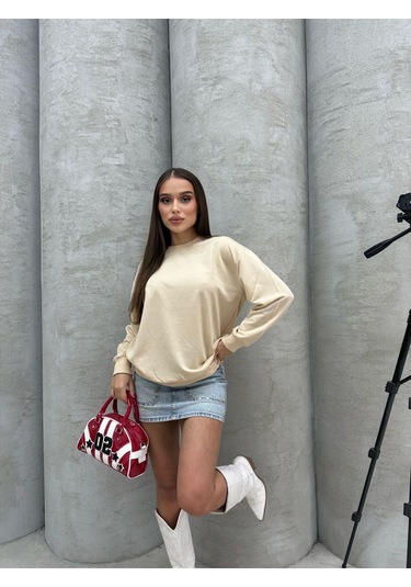 Düz Renk Kadın Sweatshirt Krem