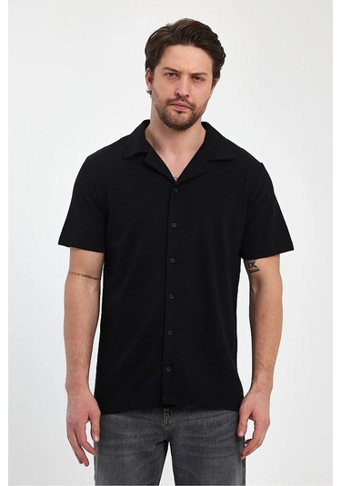Erkek Rahat Kalıp Ottoman Kumaş Nefes Alabilen Pamuklu Apaş Yaka Gömlek Siyah