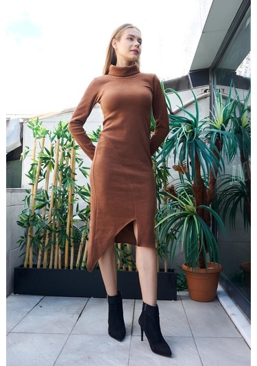 Kadın Likralı Triko Kumaş Tam Balıkçı Asimetrik Uzun Kol Diz Boy Elbise-fındık Kabuğu Fındık Kabuğu