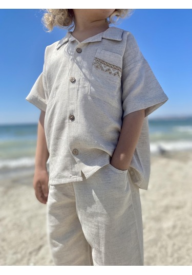 Cebi Nakışlı Gömlek Pantolon Keten Erkek Çocuk Takım Natural