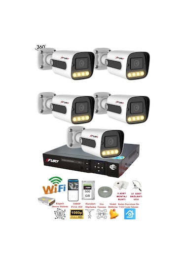 Fury 5 Kameralı Su Geçirmez 1080p 4 X Ultra Ledli Gece Renkli Güvenlik Kamera Seti 5500 500gb