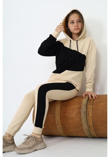 Kız Çocuk %100 Pamuk Garnili Kapüşonlu Uzun Kol Alt&üst Eşofman Takım-eşt-0018 KREM