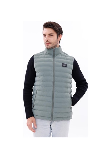 Erkek Nova Kumaş Şişme Yelek Hafif Dolgulu Fermuarlı Cepli Su İtici Rahat Kalıp Yeşil
