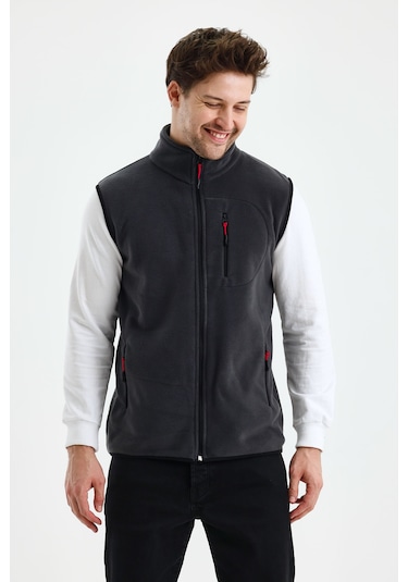 Monox Erkek Tam Fermuarlı Spor Polar Yelek Füme