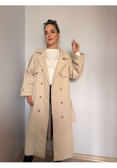 Ali Butik Krem Kol Detaylı Premium Kaşe Kaban Krem