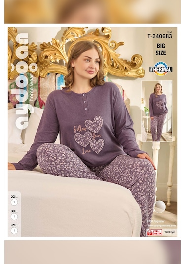 Aydoğan Kadın Suzi Büyük Beden Termal Erik Moru Pijama Takım 0683 Mor