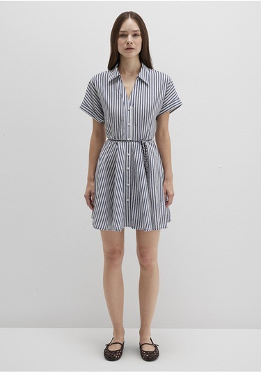 Mavi - Çizgili Beli Bağcıklı Mini Elbise 1310763-91086 Lacivert