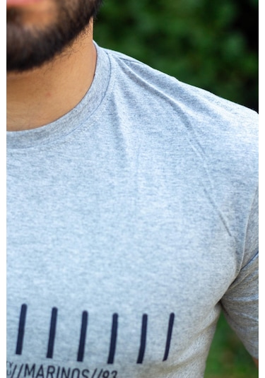 Erkek Gri Çizgi Baskılı Normal Kesim Bisiklet Yaka Erkek Tişört 22etshmros 001