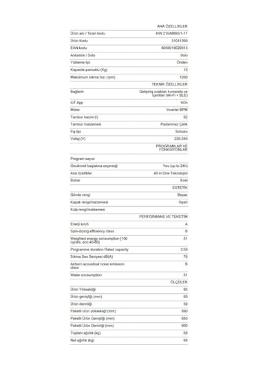 Hoover HW 210AMBS/1-17 1200 Devir 10 KG Çamaşır Makinesi