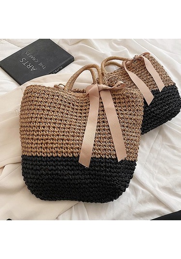 Kahve & Siyah Yogodlns El Yapımı Hasır Çanta Kurdelalar Ilmek Plaj Örgü Çanta Tote 32cm 26cm