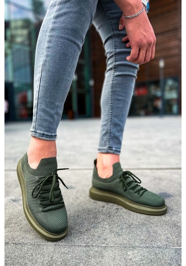 Pabucmarketi Bağcık Detaylı Triko Kumaş Erkek Spor Ayakkabı Haki Çok Renkli