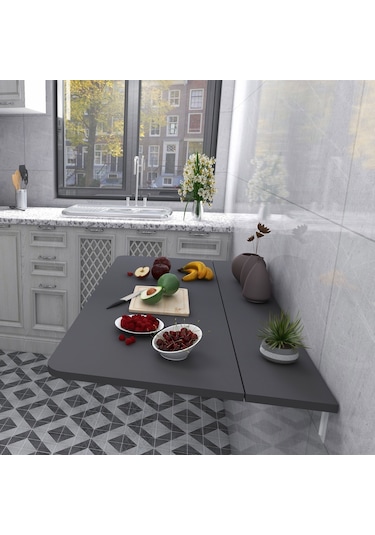 60x110 Cm Antrasit Sabit Raflı Duvara Monte Kırma Katlanır Masa