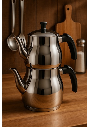 Yunusoğlu Home Klasik Çaydanlık Takımı 0,8l Demlik 1,25l Alt Demlik Paslanmaz Çelik Soğuk Tutma Saplı Gri