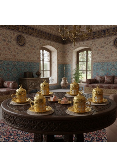 Yonca Desenli 6 Kişilik Porselenli Kapaklı 24 Parça Altın Renk Fincan Seti Altın